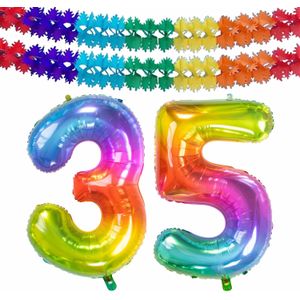 Folat folie ballonnen - Leeftijd cijfer 35 - glimmend multi-kleuren - 86 cm - en 2x slingers