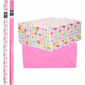 6x Rollen kraft inpakpapier happy birthday pakket - roze 200 x 70 cm - cadeau/verzendpapier