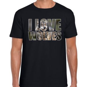 Tekst shirt I love wolves met dieren foto van een wolf zwart voor heren - cadeau t-shirt wolven liefhebber
