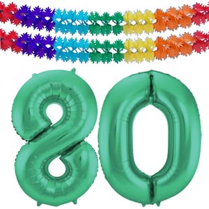 Folat folie ballonnen - Leeftijd cijfer 80 - glimmend groen - 86 cm - en 2x slingers