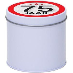 Cadeau/kado wit rond blik 75 jaar 10 cm - Snoepblikken - Cadeauverpakking voor verjaardag/jubileum