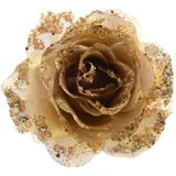 Kerstboom bloemen op clip - 2x stuks-  goud glitter - kunststof -14 cm