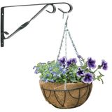 Hanging basket donkergroen 30 cm met klassieke muurhaak zwart en kokos inlegvel - metaal - hangende bloempot set