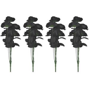 4x Bosje met 6 zwarte rozen halloween decoratie 37 cm - Verkleedaccessoires