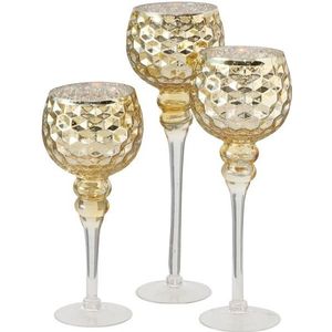 Luxe glazen design kaarsenhouders/windlichten set van 3x stuks champagne/goud transparant met formaat tussen de 30 en 40 cm