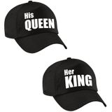 Her King en His Queen petten / caps zwart met witte letters voor volwassenen - Koningsdag - bruiloft - cadeaupetten / feestpetten voor koppels