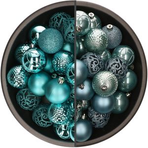 Bellatio Decorations Kerstballen mix - 74-delig - ijsblauw en turquoise blauw - 6 cm - kunststof