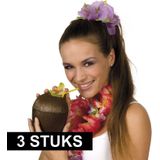 3x Kokosnoot drinkbekers hawaii met rietje 12 x 16 cm 400 ml - Tropisch/hawaii thema feest accessoires