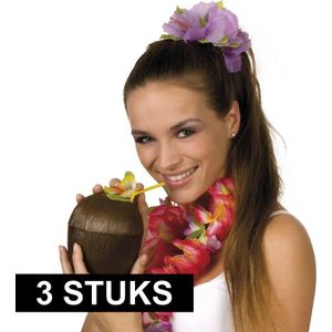 3x Kokosnoot drinkbekers hawaii met rietje 12 x 16 cm 400 ml - Tropisch/hawaii thema feest accessoires