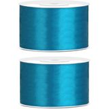 2x Hobby/decoratie turquoise satijnen sierlinten 3,8 cm/38 mm x 25 meter - Cadeaulint satijnlint/ribbon - Turquoise linten - Hobbymateriaal benodigdheden - Verpakkingsmaterialen