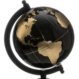 Decoratie wereldbol/globe zwart/goud op metalen voet D13 x H22 cm -  Landen/continenten topografie