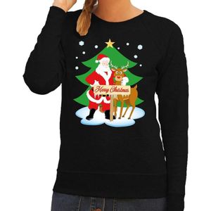 Foute kersttrui / sweater met de kerstman en rendier Rudolf zwart voor dames - Kersttruien
