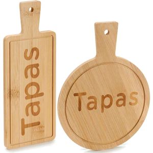 Voedsel/hapjes/tapas serveerplanken set van bamboe met handvat - 2x stuks van verschillende formaten