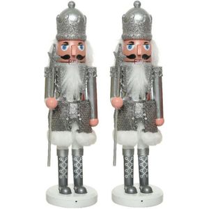 2x stuks kerstbeeldje kunststof notenkraker poppetjes/soldaten zilver 28 cm kerstbeeldjes  - Kerstversiering/woondecoratie