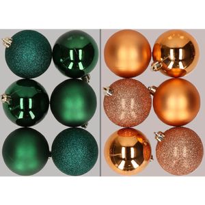 12x stuks kunststof kerstballen mix van donkergroen en koper 8 cm - Kerstversiering