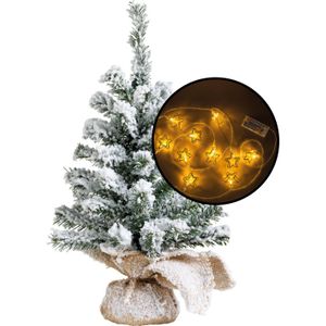 Kleine kunst kerstboom - besneeuwd - incl. 3D sterren lichtsnoer - H45 cm