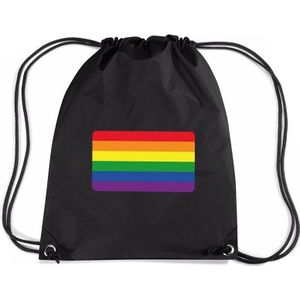 Regenboog nylon rijgkoord rugzak/ sporttas zwart met Regenboog vlag