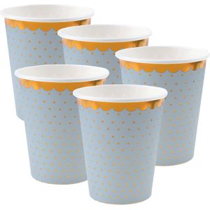 Santex feest wegwerp bekertjes - stippen - 50x stuks - 270 ml - blauw/goud - karton