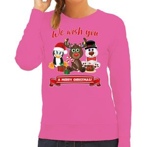 Foute Kersttrui/sweater voor dames - We wish you - roze - kerst dieren - kerst cadeau