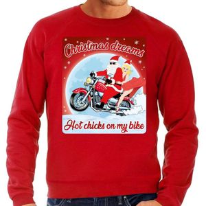 Foute Kersttrui / sweater - Christmas dreams hot chicks on my bike - motorliefhebber / motorrijder / motor fan rood voor heren - kerstkleding / kerst outfit