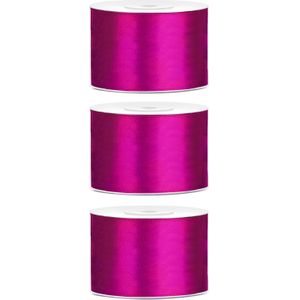 3x Hobby/decoratie donker fuchsia roze satijnen sierlinten 5 cm/50 mm x 25 meter - Cadeaulint satijnlint/ribbon - Donker fuchsia linten - Hobbymateriaal benodigdheden - Verpakkingsmaterialen