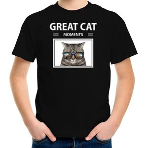 Dieren foto t-shirt grijze kat - zwart - kinderen - great cat moments - cadeau shirt katten liefhebber - kinderkleding / kleding