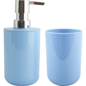 MSV Zeeppompje en drink/tandenborstel beker - badkamer set Porto - kunststof - lichtblauw