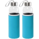 2x Stuks glazen waterfles/drinkfles met turquoise blauwe softshell bescherm hoes 520 ml - Sportfles - Bidon
