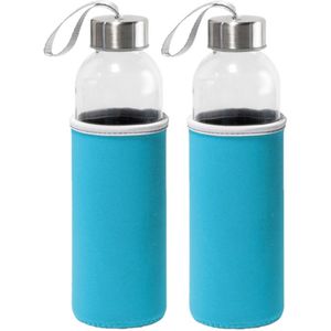 2x Stuks glazen waterfles/drinkfles met turquoise blauwe softshell bescherm hoes 520 ml - Sportfles - Bidon