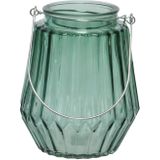 Set van 2x stuks theelichthouders/waxinelichthouders streep glas zeegroen en mistgroen met metalen handvat 11 x 13 cm