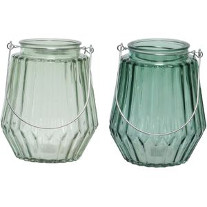 Set van 2x stuks theelichthouders/waxinelichthouders streep glas zeegroen en mistgroen met metalen handvat 11 x 13 cm