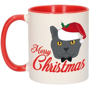 Cadeau kerstmok rood Merry Christmas met grijze kat - 300 ml - keramiek - mok / beker - Kerstmis - kerstcadeau kattenliefhebbers