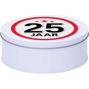 Cadeau/kado wit rond blik 25 jaar 18 cm - Snoeptrommels/koektrommels - Cadeauverpakking voor verjaardag