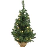 Volle kleine/mini kerstbomen groen in jute zak met verlichting 60 cm - Kunst kerstbomen / kunstbomen