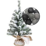 Mini kunst kerstboompje met sneeuw -incl. verlichting bollen zwart/grijs- H45 cm