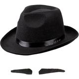 Gangster/Maffia/Roaring Twenties verkleed set - gleufhoed zwart - met dun snorretje - Heren