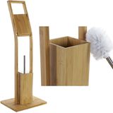 2x stuks toiletborstels met toiletrolhouder bamboe 82 cm - Toiletaccessoires - Wc-borstels/toiletborstel - Toiletrolhouders