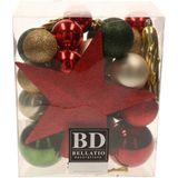 Set van 33x stuks kunststof/plastic kerstballen met ster piek rood/groen/champagne - Onbreekbaar - Kerstversiering