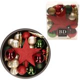 Set van 33x stuks kunststof/plastic kerstballen met ster piek rood/groen/champagne - Onbreekbaar - Kerstversiering