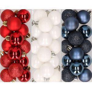 42x stuks kleine kunststof kerstballen mix rood, wit en blauw 3 cm - kerstversiering,