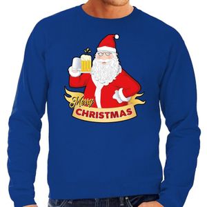 Foute Kersttrui / sweater - Merry Christmas kerstman met een peul bier / biertje - blauw voor heren - kerstkleding / kerst outfit