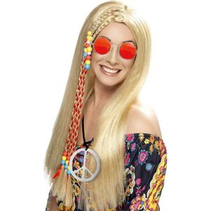 Dames Flower Power Hippie Sixties verkleed set blonde pruik en ronde oranje bril en peace teken ketting
