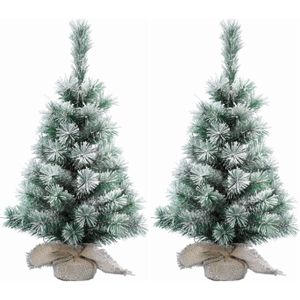 2x Stuks mini kerstboom met sneeuw 35 cm in jute zak - Mini kerstbomen