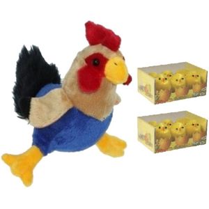 Pluche kippen/hanen knuffel van 20 cm met 12x stuks mini kuikentjes 3,5 cm - Paas/pasen decoratie