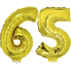 65 jaar leeftijd feestartikelen/versiering cijfers ballonnen op stokje van 41 cm - Combi van cijfer 65 in het goud