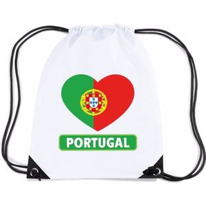 Portugal nylon rijgkoord rugzak/ sporttas wit met Portugese vlag in hart