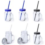 6x stuks Glazen Mason Jar drinkbekers met dop en rietje 500 ml - 2x zilver/2x blauw/2x zwart - afsluitbaar/niet lekken/fruit shakes