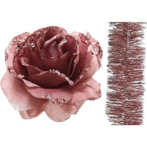 Kerstversiering kunststof glitter bloemen op clip 14 cm en folieslingers pakket oud roze van 5x stuks - Kerstboomversiering