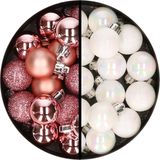Kerstballen 34x st - 3 cm - roze en parelmoer wit - kunststof