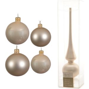 Compleet glazen kerstballen pakket champagne glans/mat 38x stuks - 18x 4 cm en 20x 6 cm - Inclusief piek mat